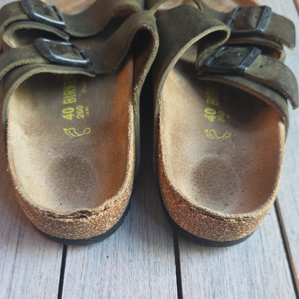 Birkenstock Olive Leather Slide Sandals - Picture 6 of 6
